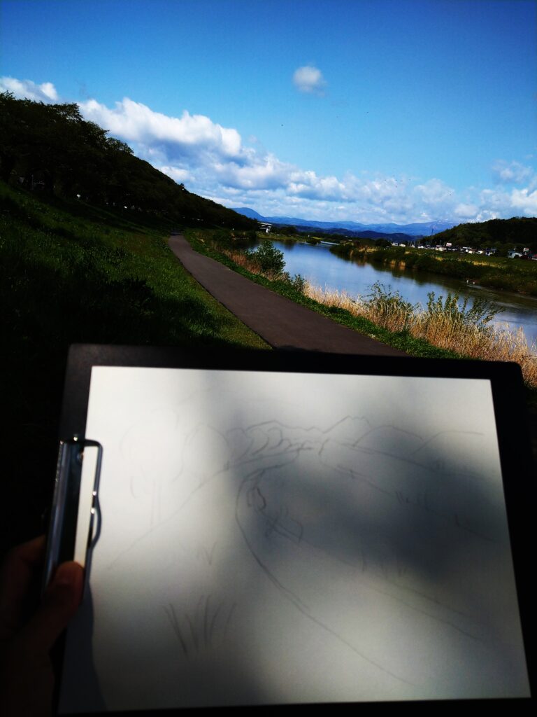 白石川堤を鉛筆で描いたスケッチの写真